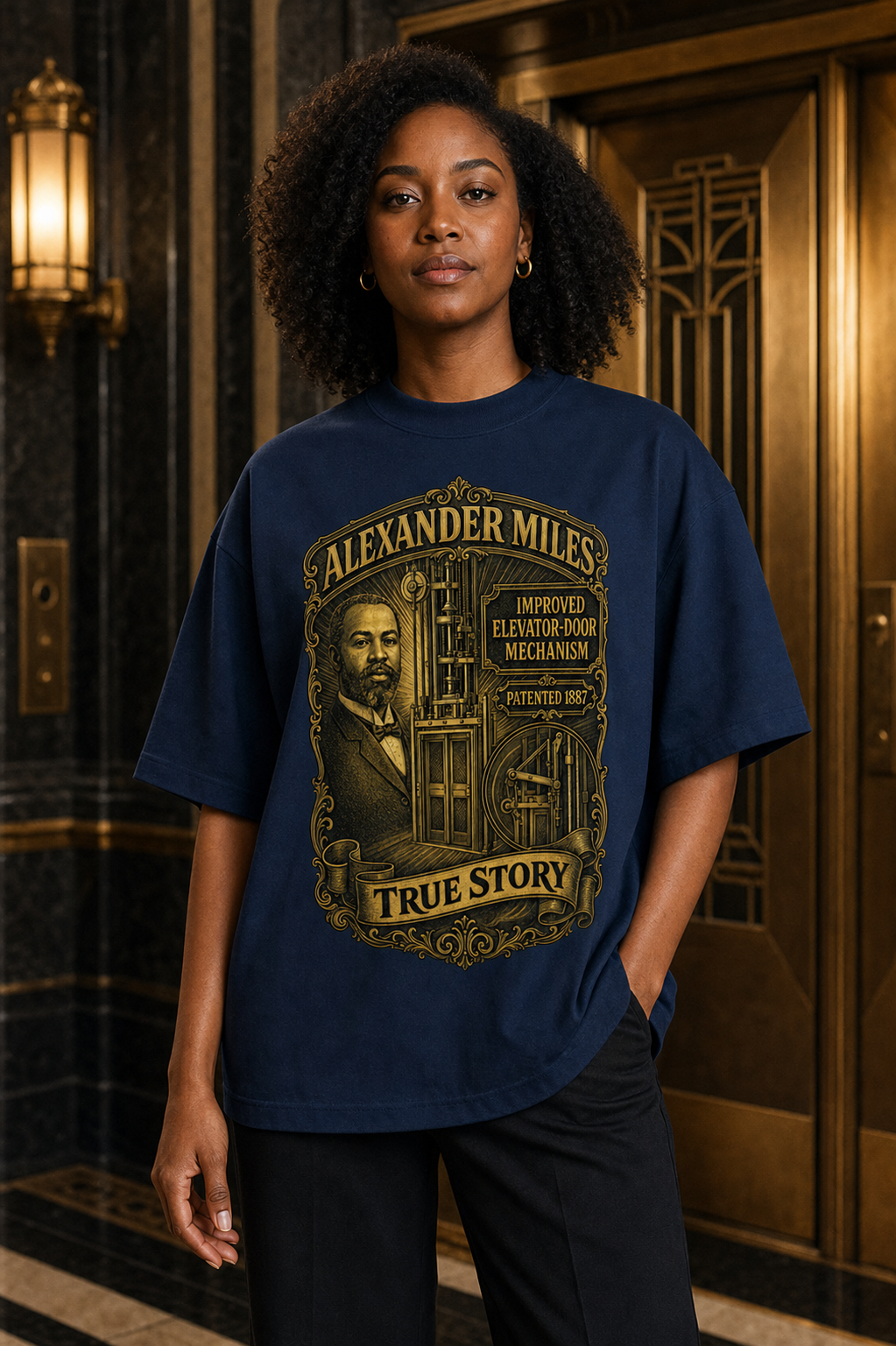 Black female model wearing the True Story Alexander Miles automatic elevator doors shirt
