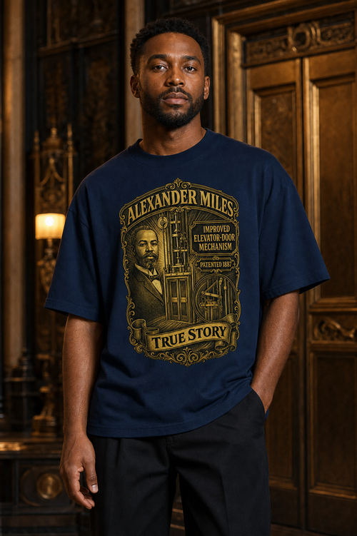 Black male model wearing the True Story Alexander Miles automatic elevator doors shirt