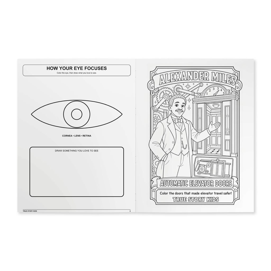 True Story Kids educational coloring activity spread
