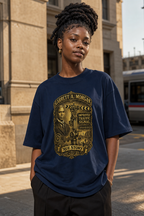 Black female model wearing the True Story Garrett Morgan traffic signal shirt