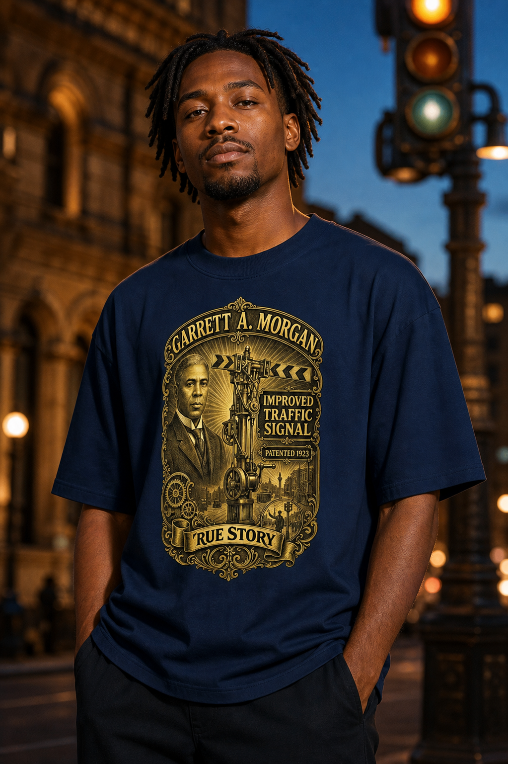 Black male model wearing the True Story Garrett Morgan traffic signal shirt