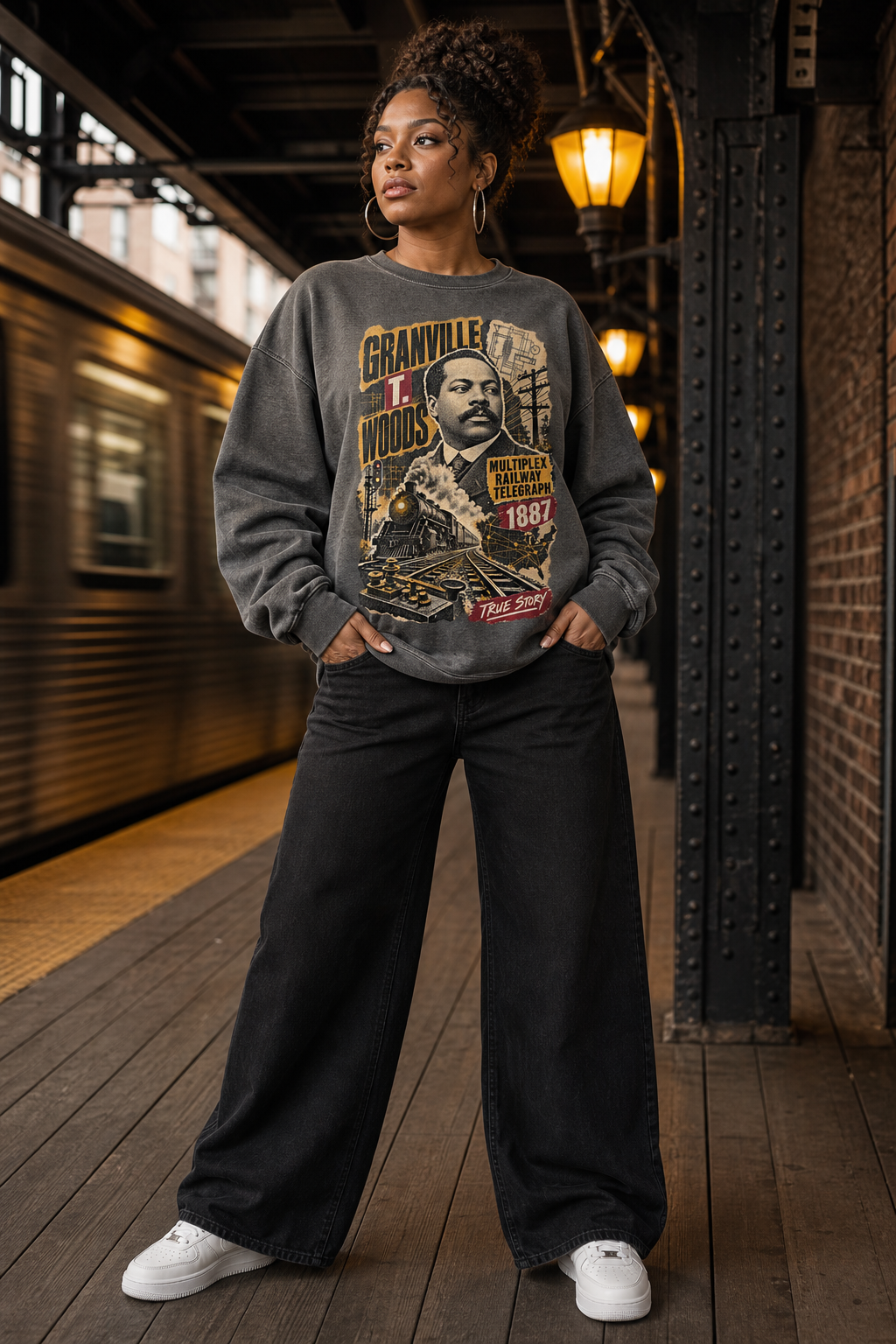 Black woman wearing the True Story Granville T. Woods charcoal crewneck sweatshirt on an urban train platform