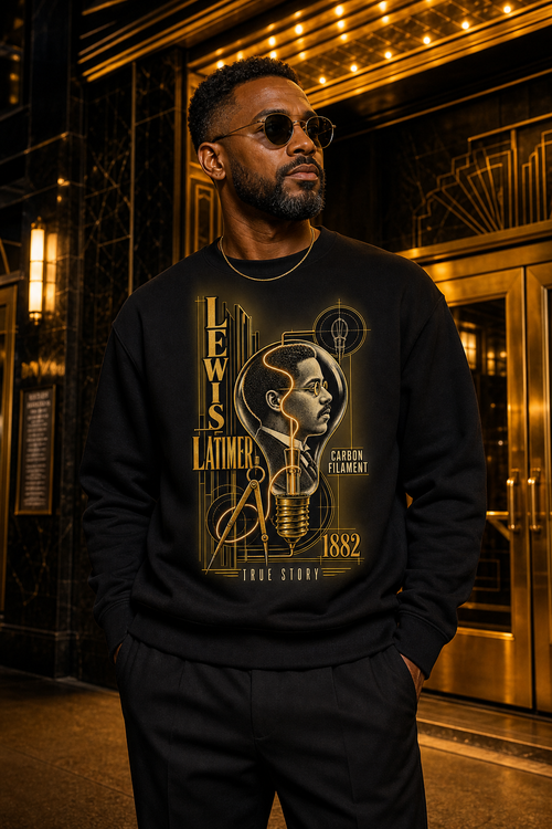 Adult model wearing the True Story Lewis Latimer carbon filament crewneck sweatshirt