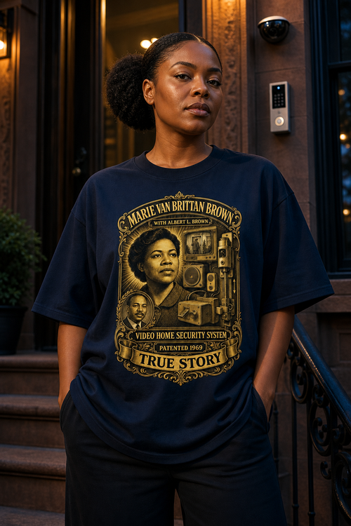 Black female model wearing the True Story Marie Van Brittan Brown home security shirt
