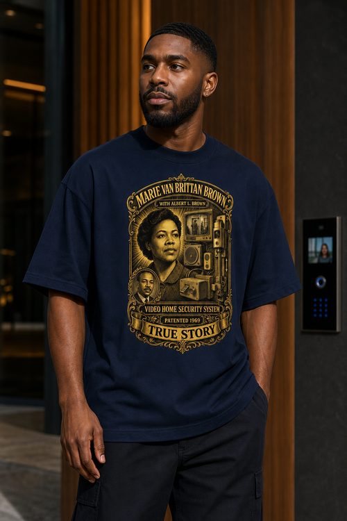 Black male model wearing the True Story Marie Van Brittan Brown home security shirt