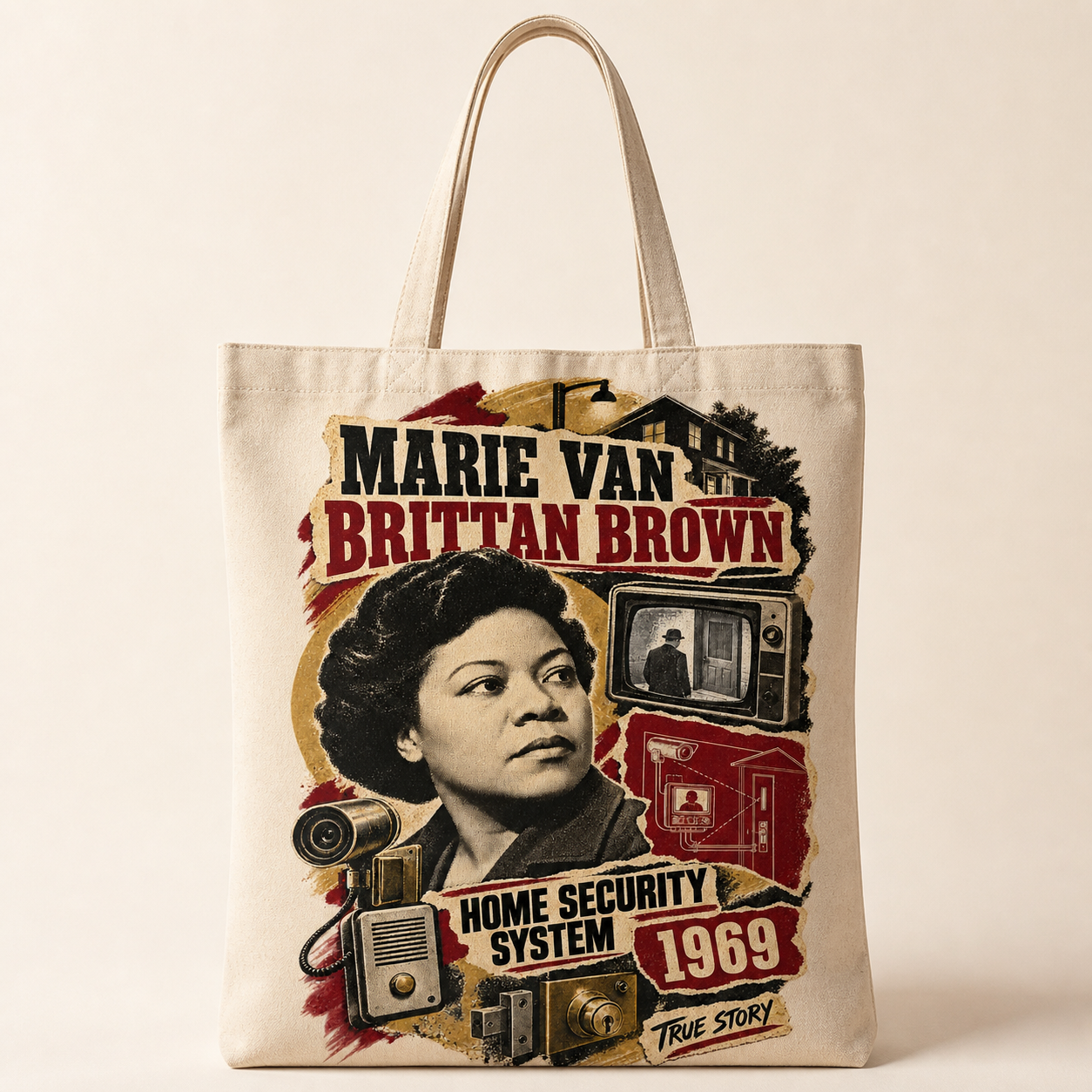 Natural canvas tote featuring Marie Van Brittan Brown and her home security invention