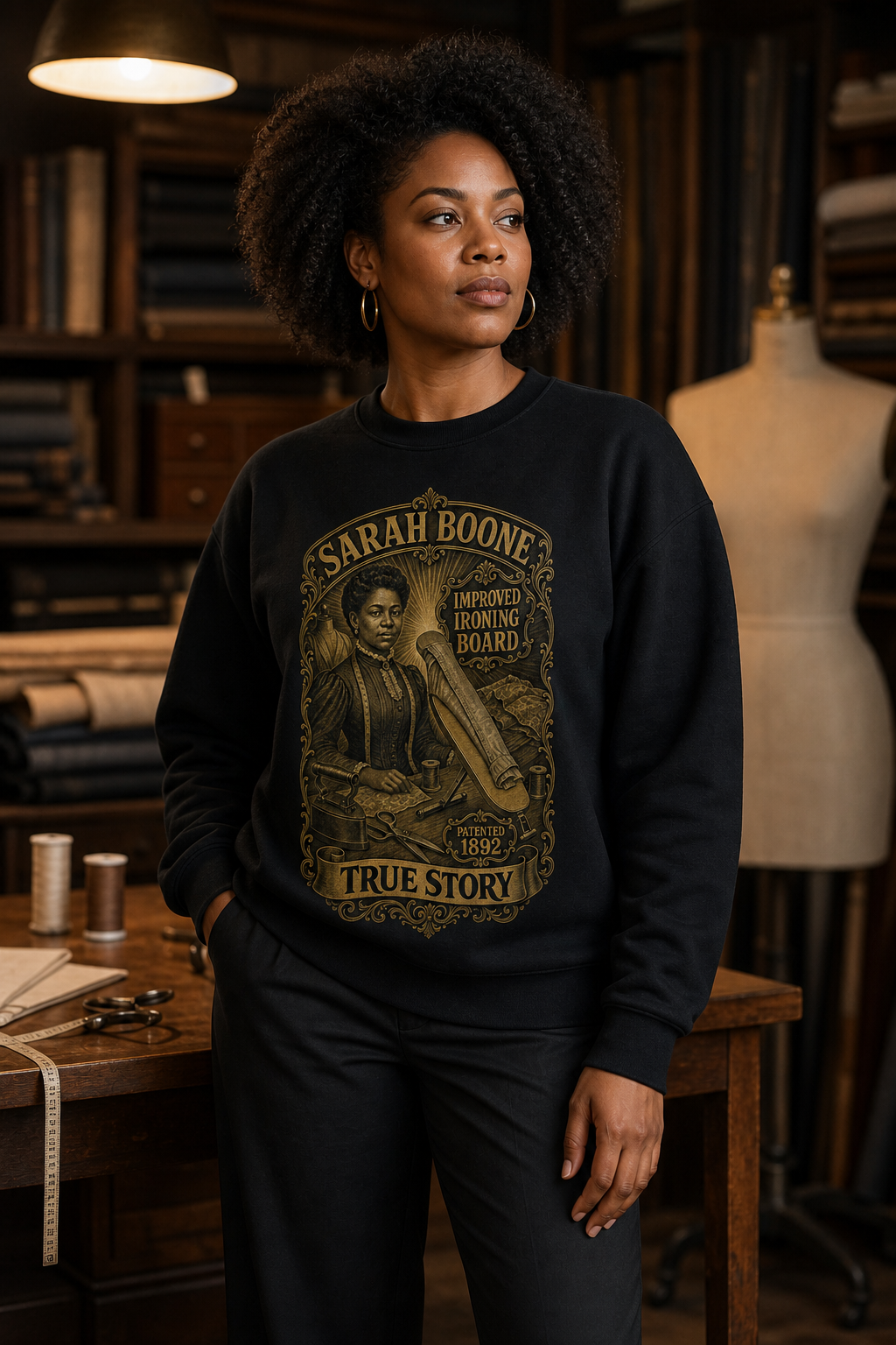 Black female model wearing the True Story Sarah Boone black crewneck sweatshirt