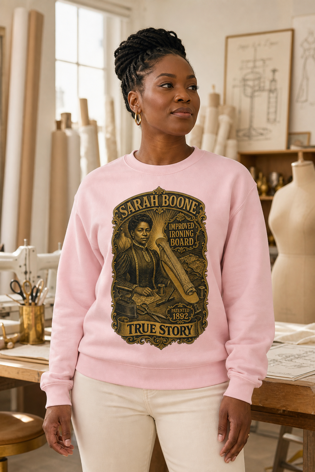 Black female model wearing the True Story Sarah Boone light pink crewneck sweatshirt