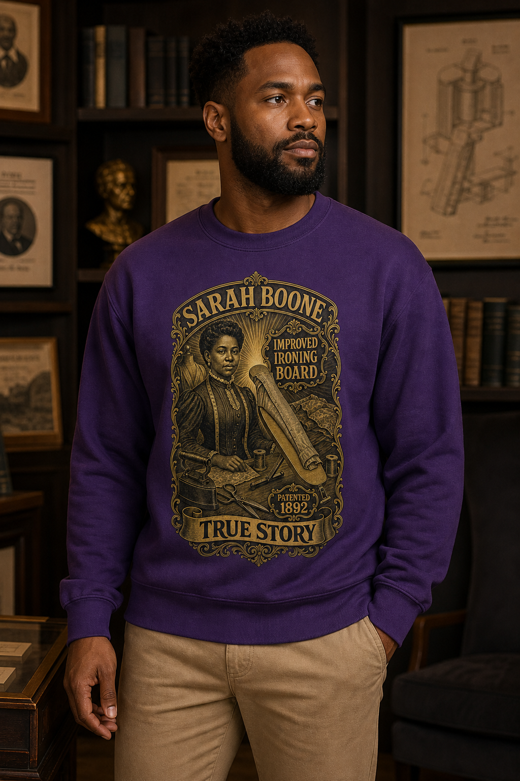 Black male model wearing the True Story Sarah Boone purple crewneck sweatshirt