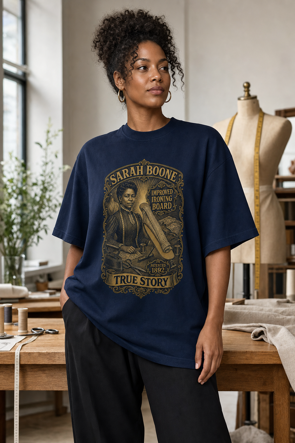 Black female model wearing the True Story Sarah Boone improved ironing board shirt