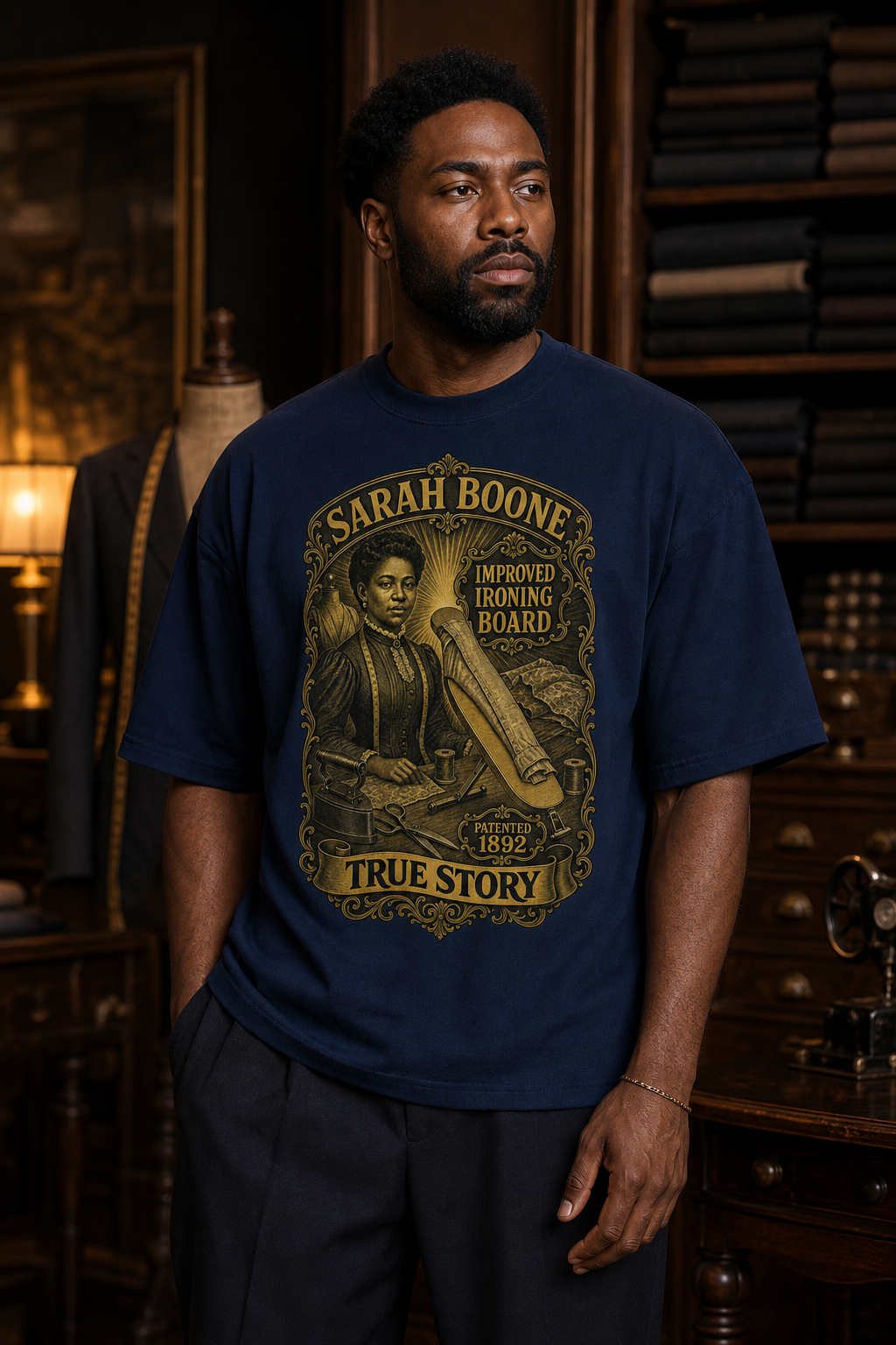 Black male model wearing the True Story Sarah Boone improved ironing board shirt