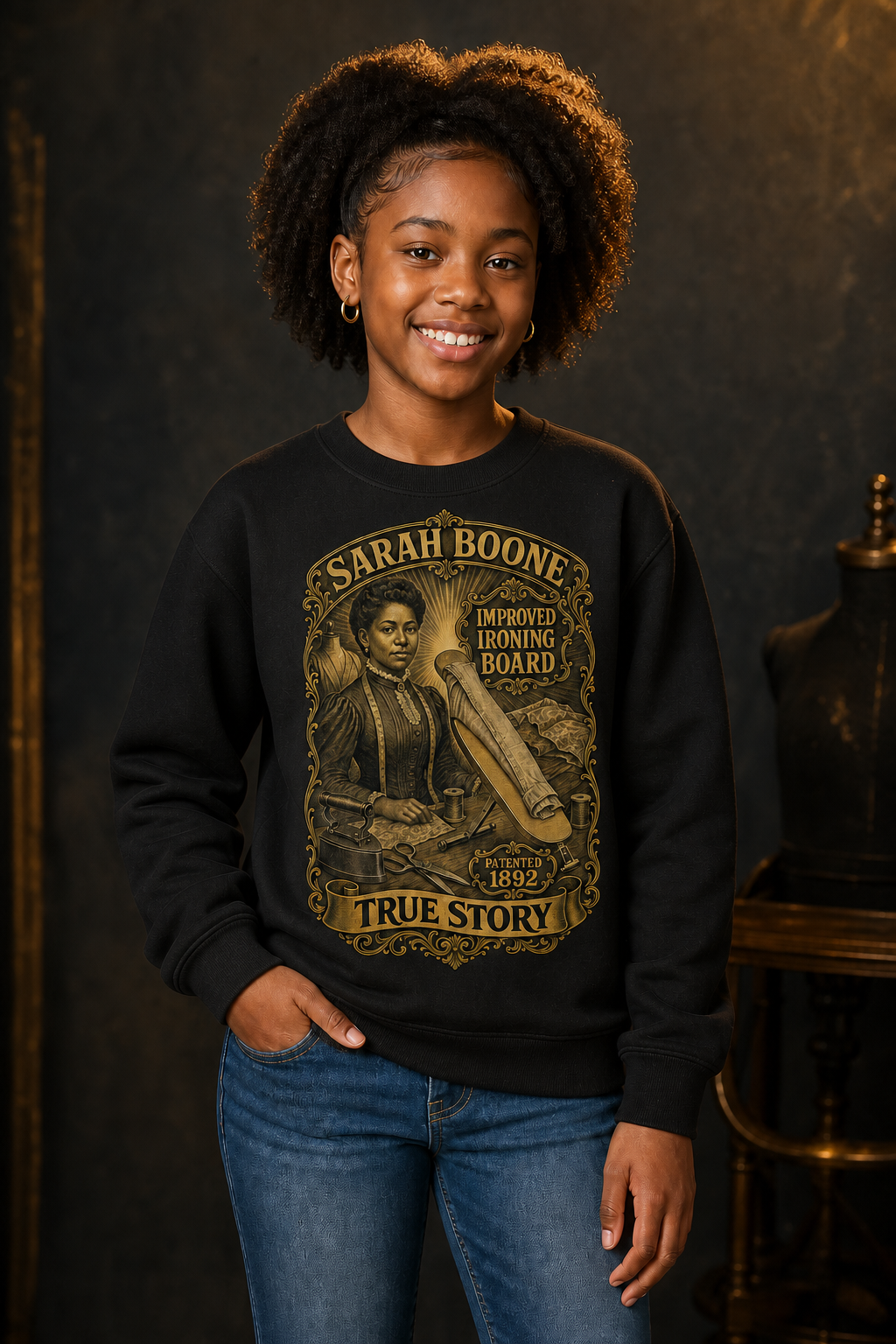 Black youth model wearing the Sarah Boone True Story crewneck sweatshirt in black