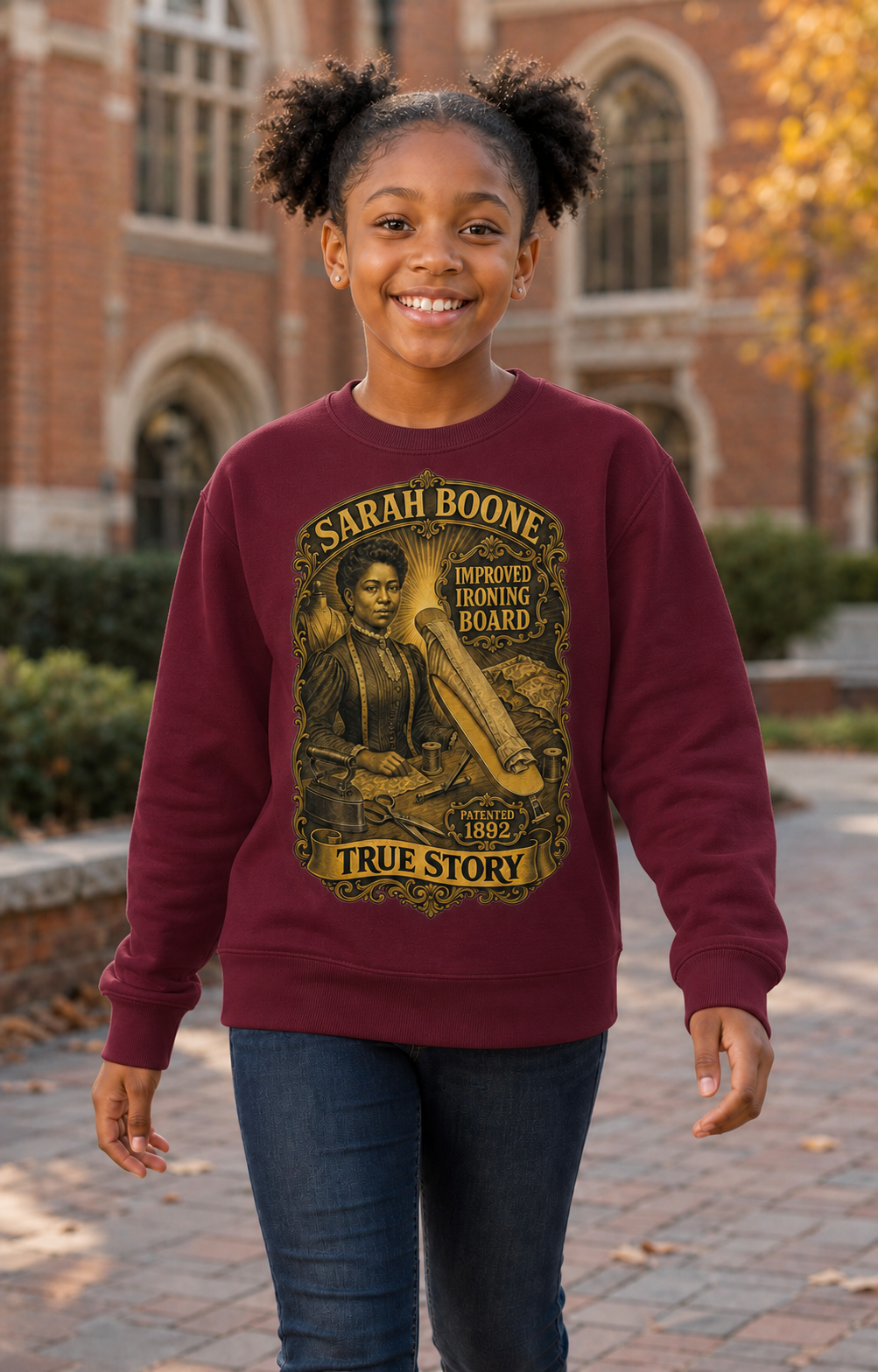 Youth model wearing the Sarah Boone True Story crewneck sweatshirt in maroon