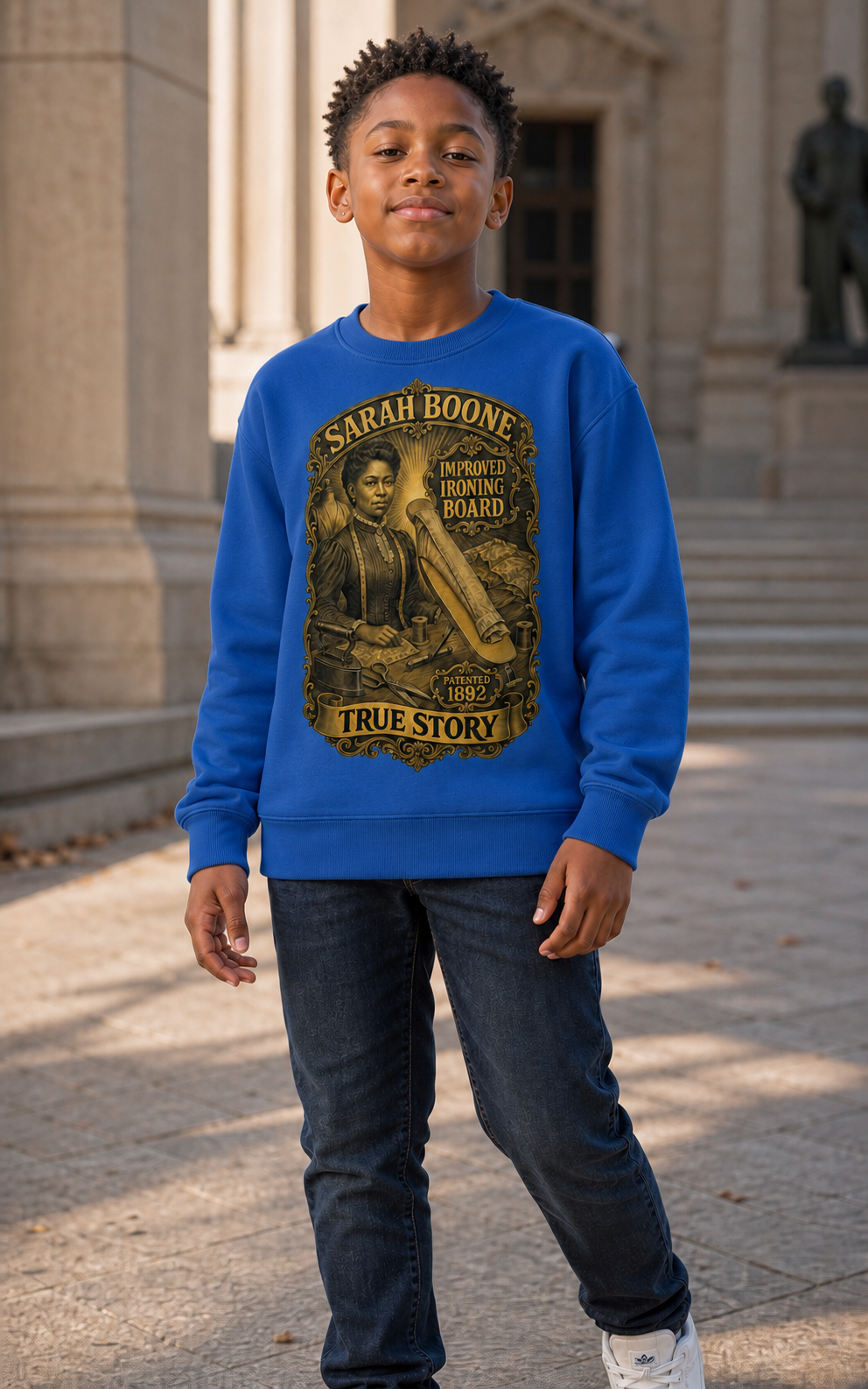 Youth model wearing the Sarah Boone True Story crewneck sweatshirt in royal blue