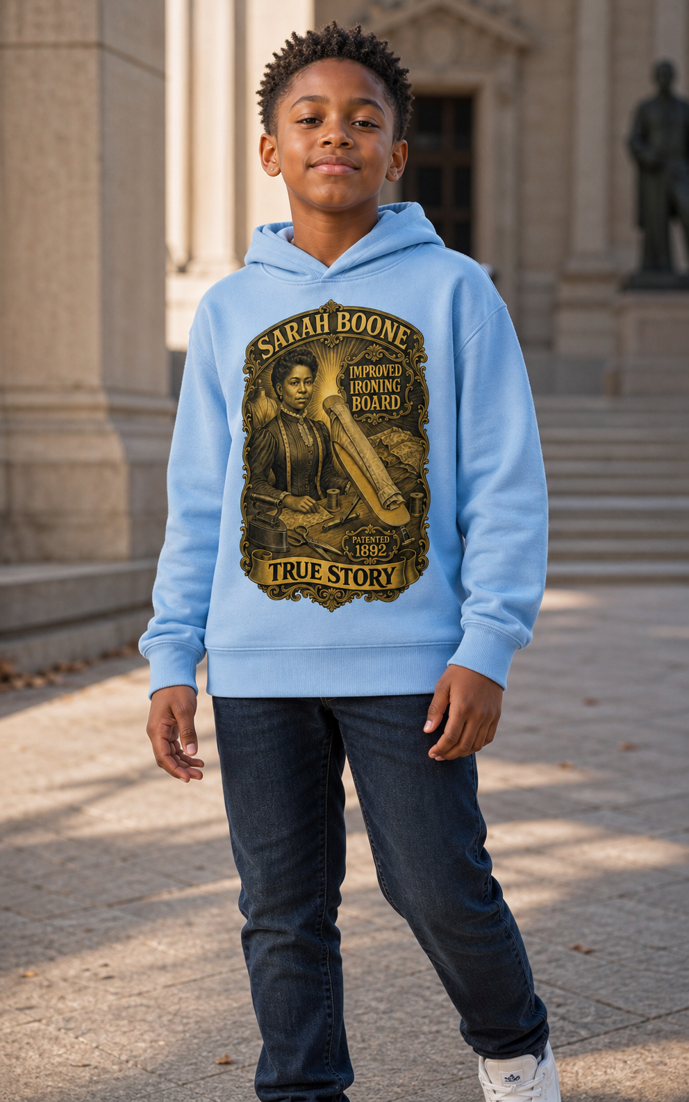 Youth model wearing the Sarah Boone True Story hoodie in Carolina blue