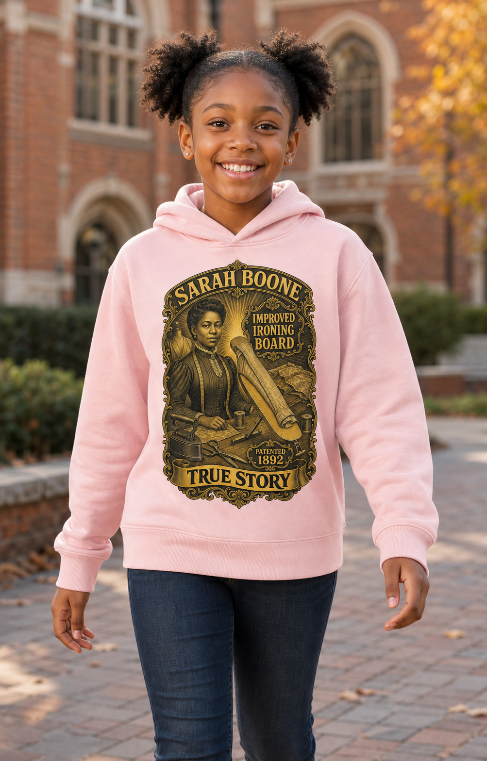 Youth model wearing the Sarah Boone True Story hoodie in light pink