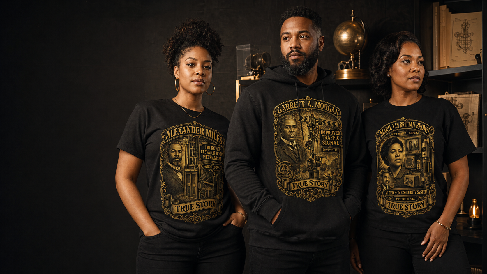Three Black adults wearing True Story inventor apparel in a black-and-gold studio