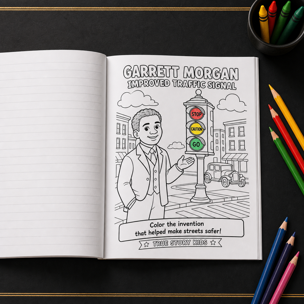 Open Garrett Morgan coloring page with colored pencils on a black and gold background