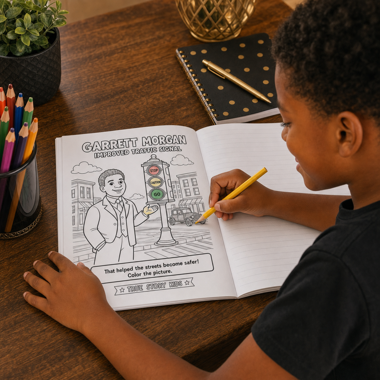 Black child coloring the Garrett Morgan traffic signal page in the True Story Kids coloring book