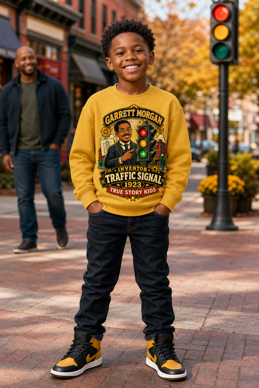 Black child wearing a Garrett Morgan traffic signal sweatshirt on a city street