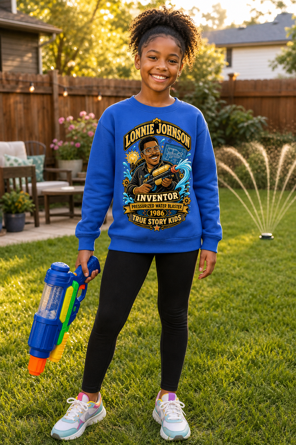 Black girl wearing a Lonnie Johnson sweatshirt and holding a water blaster in a backyard