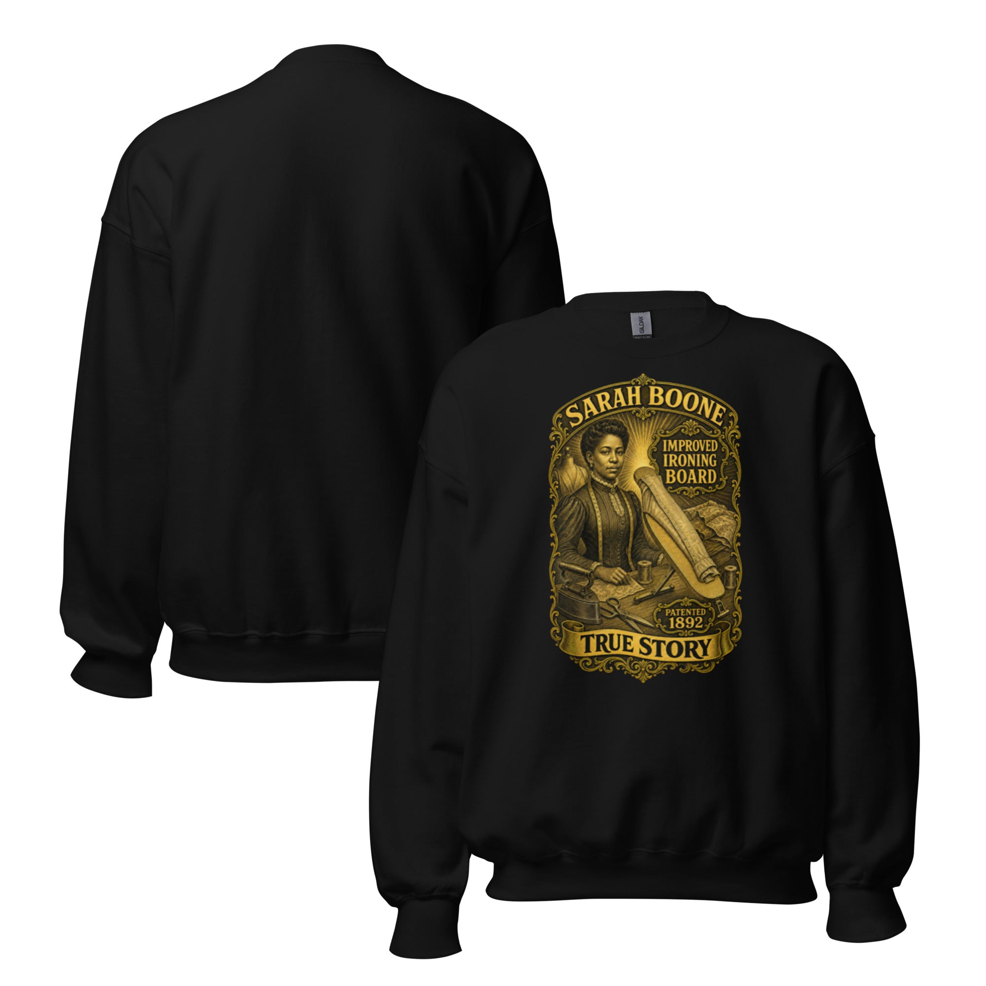 Sarah Boone classic crewneck sweatshirt in Black, front and back views