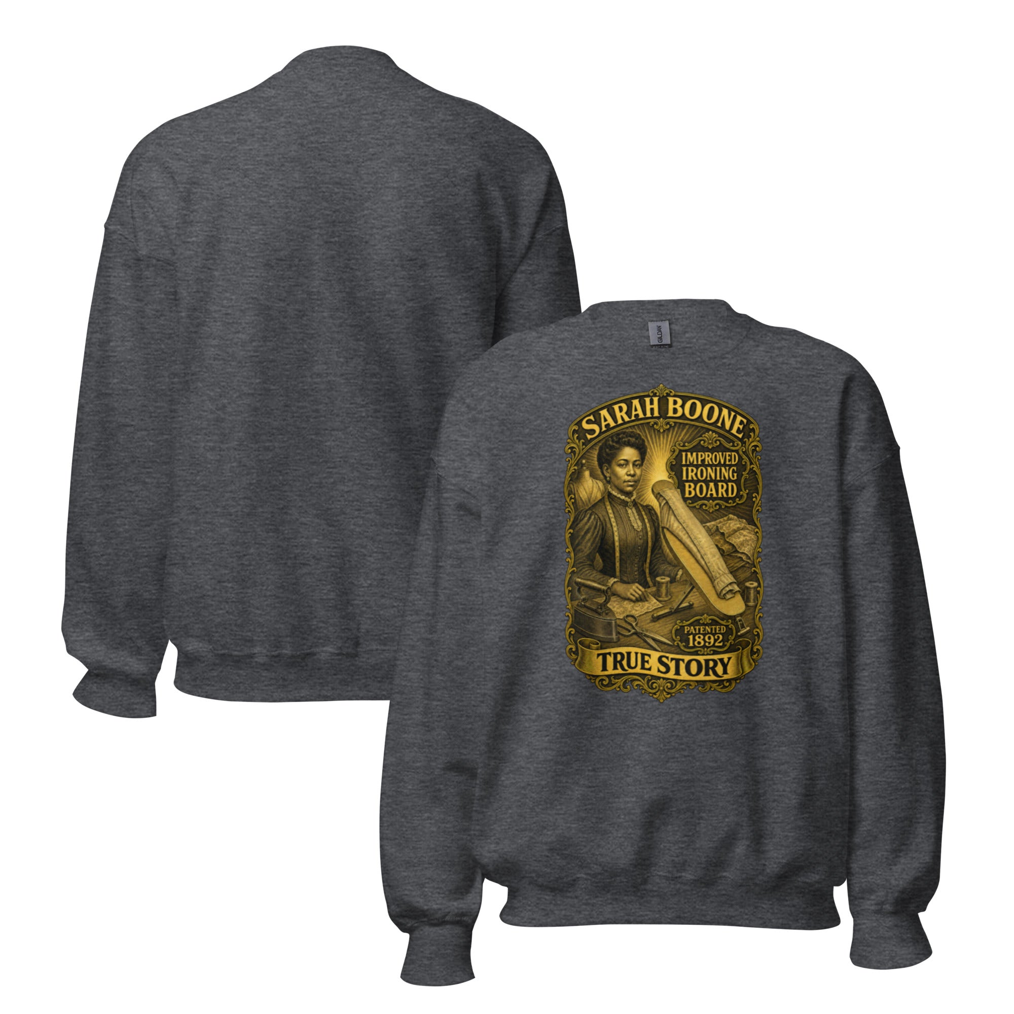 Sarah Boone classic crewneck sweatshirt in Dark Heather, front and back views