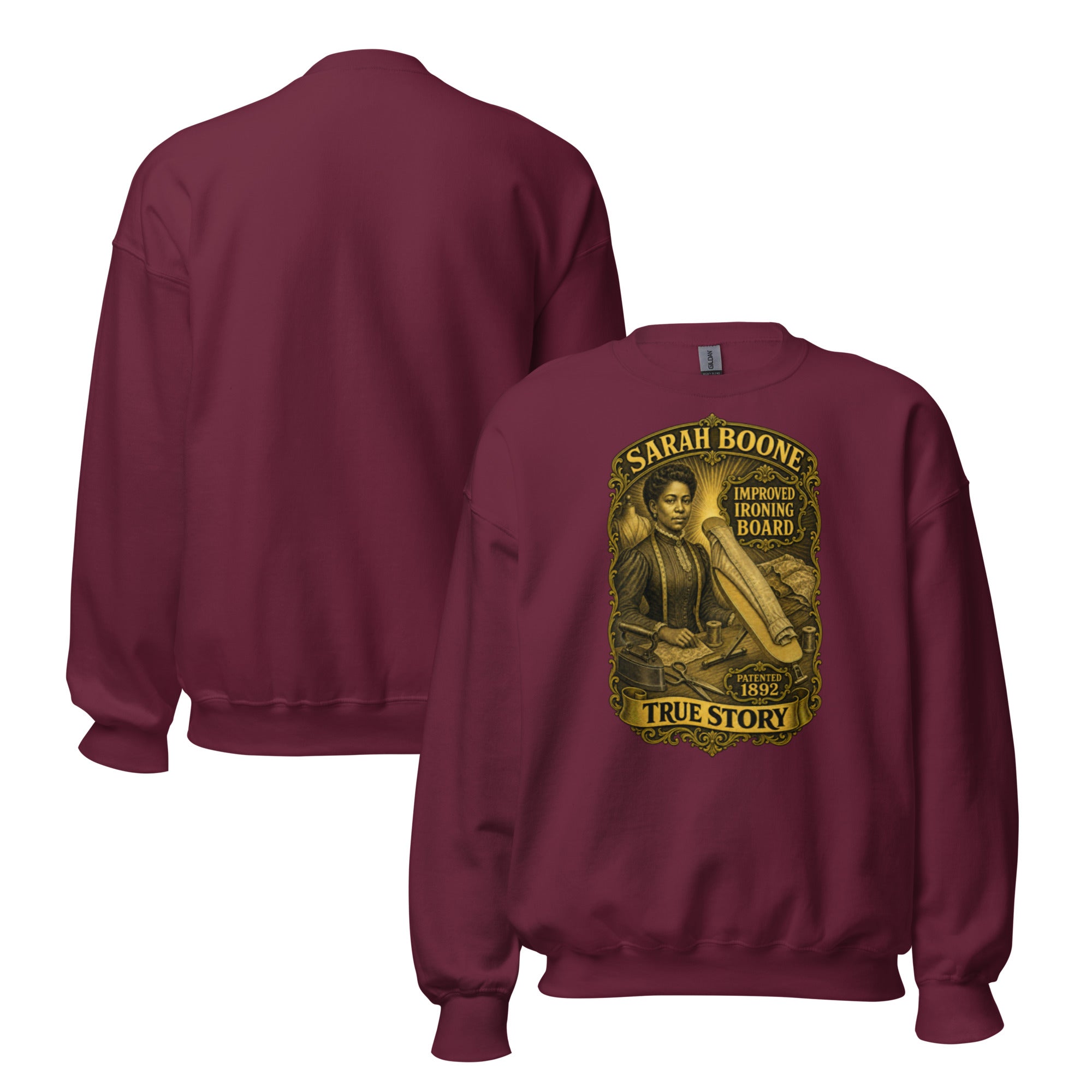 Sarah Boone classic crewneck sweatshirt in Maroon, front and back views