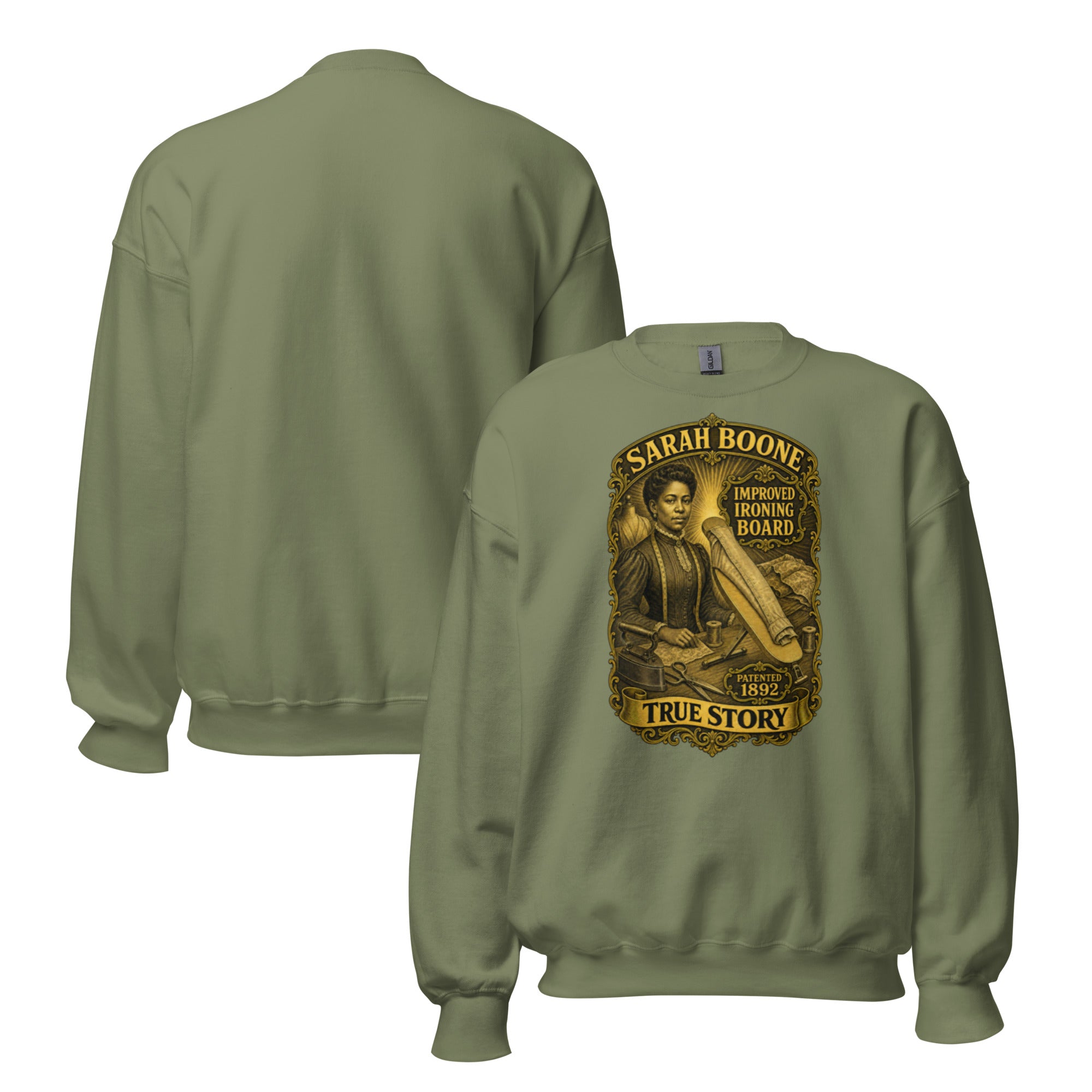 Sarah Boone classic crewneck sweatshirt in Military Green, front and back views
