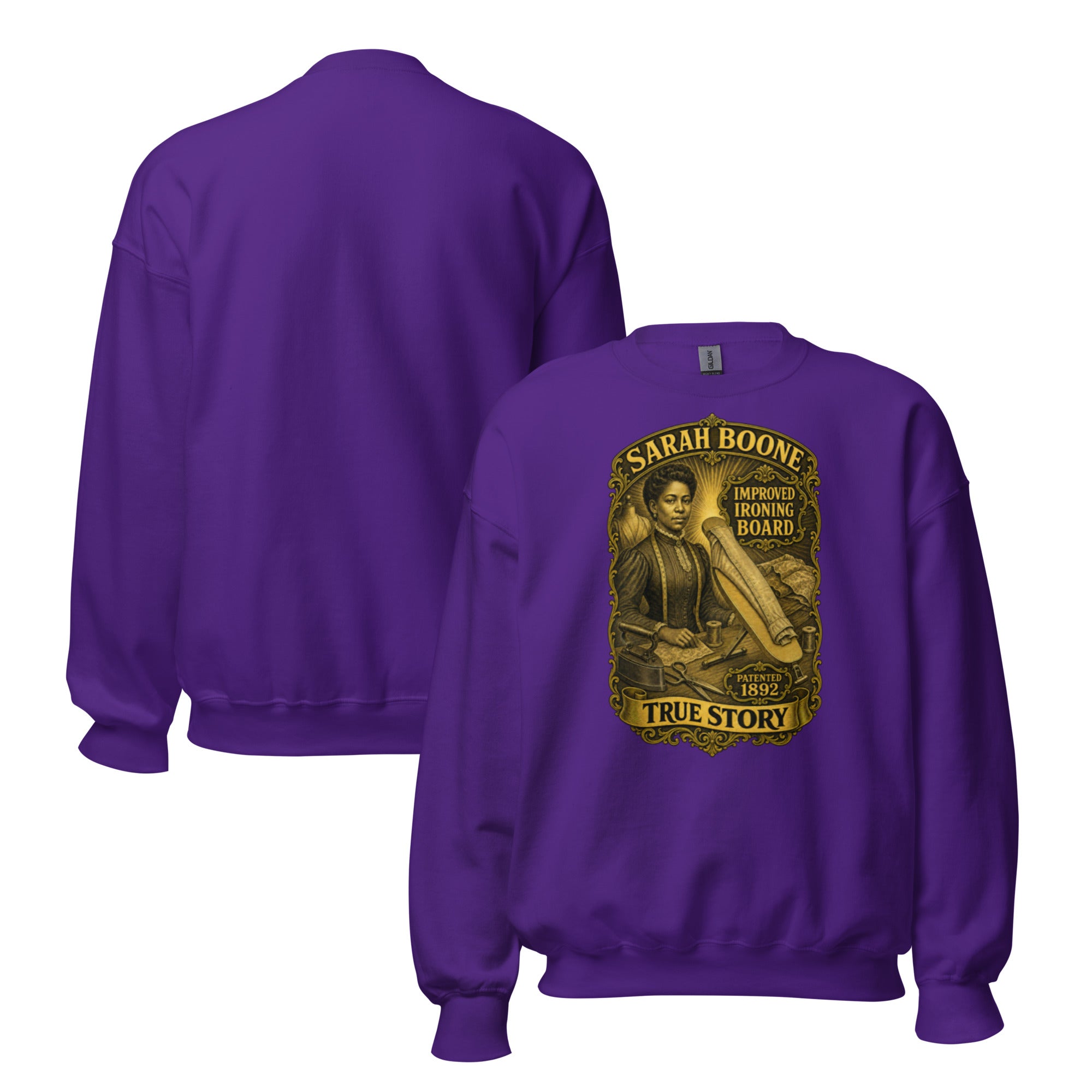 Sarah Boone classic crewneck sweatshirt in Purple, front and back views