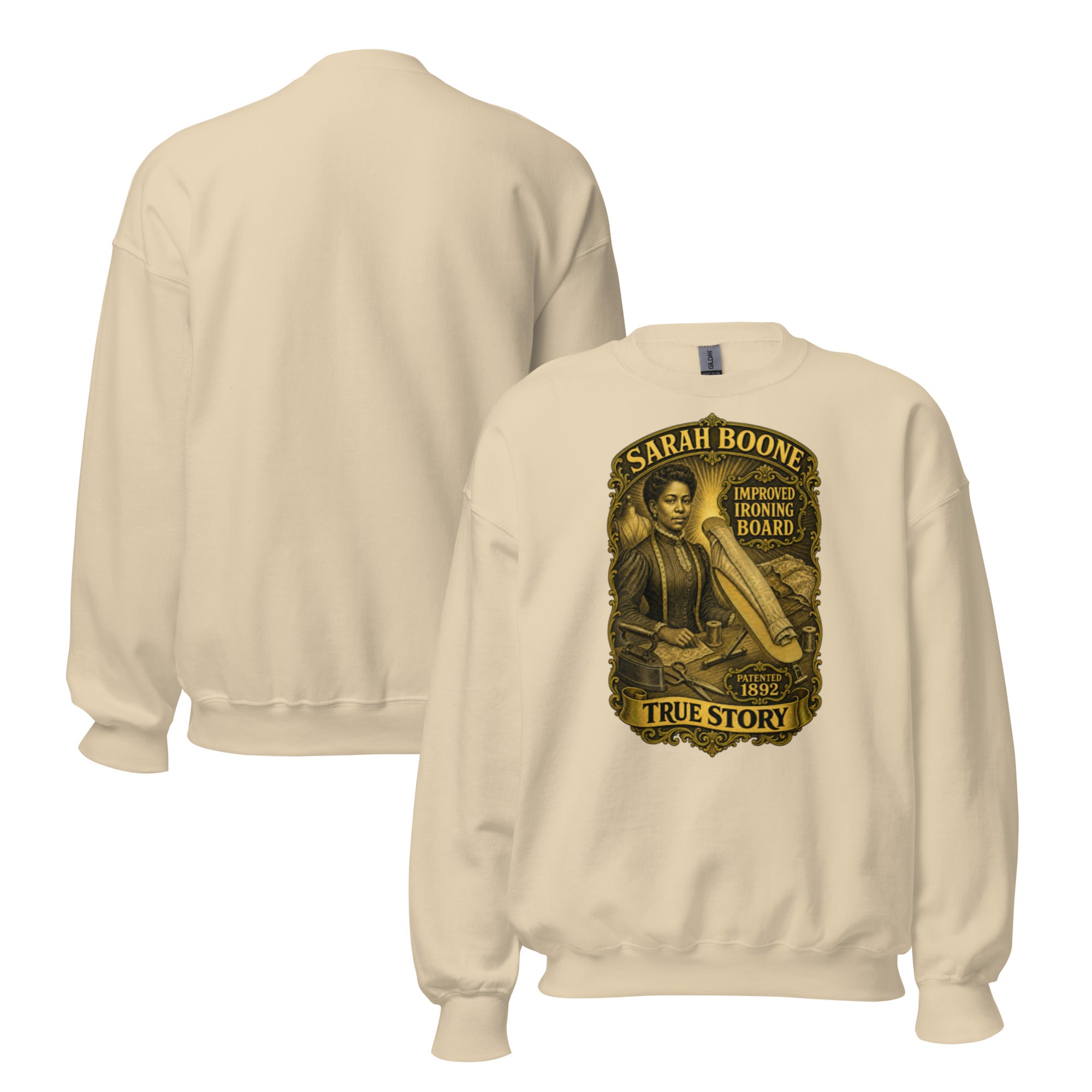 Sarah Boone classic crewneck sweatshirt in Sand, front and back views