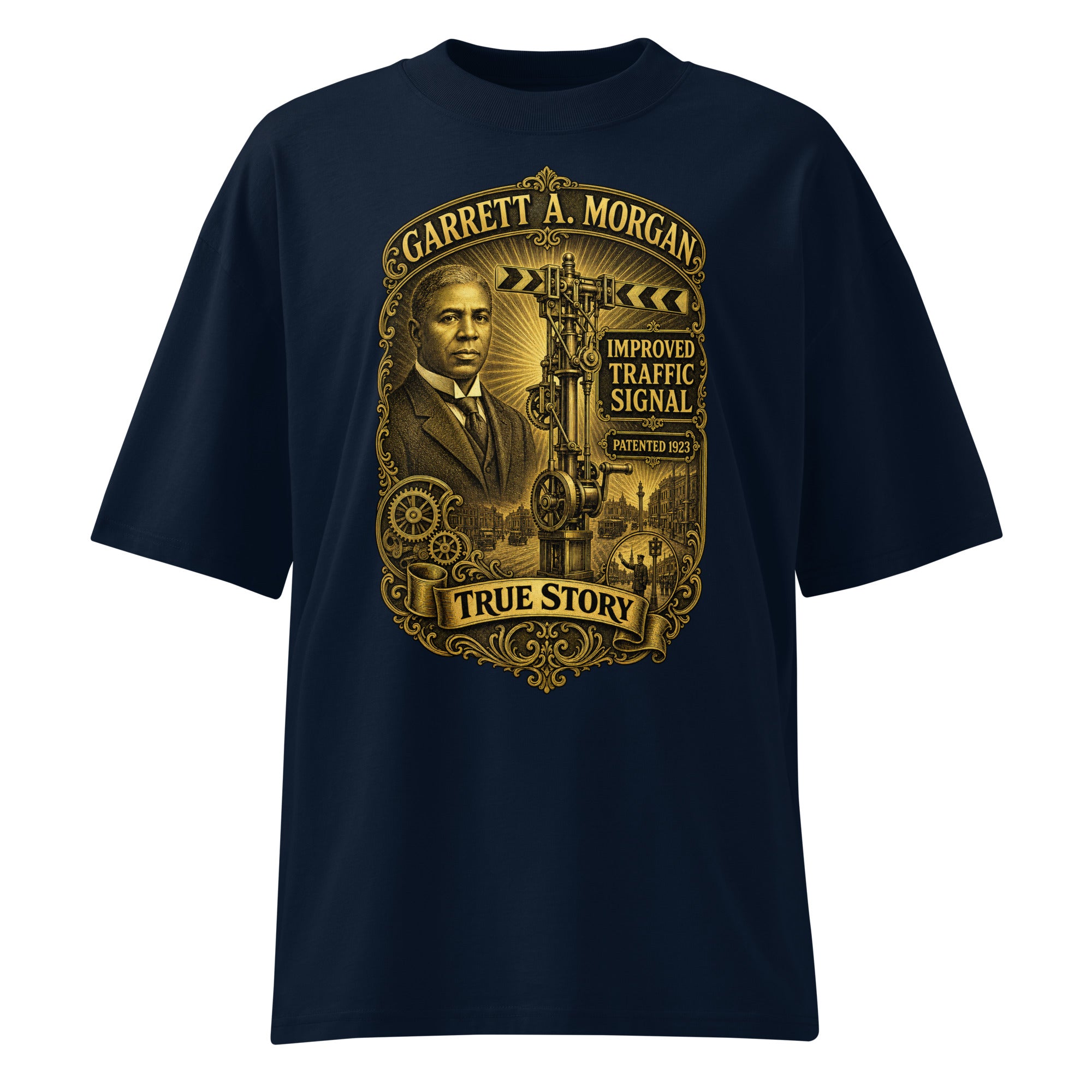 Garrett Morgan organic oversized tee in French Navy — front view